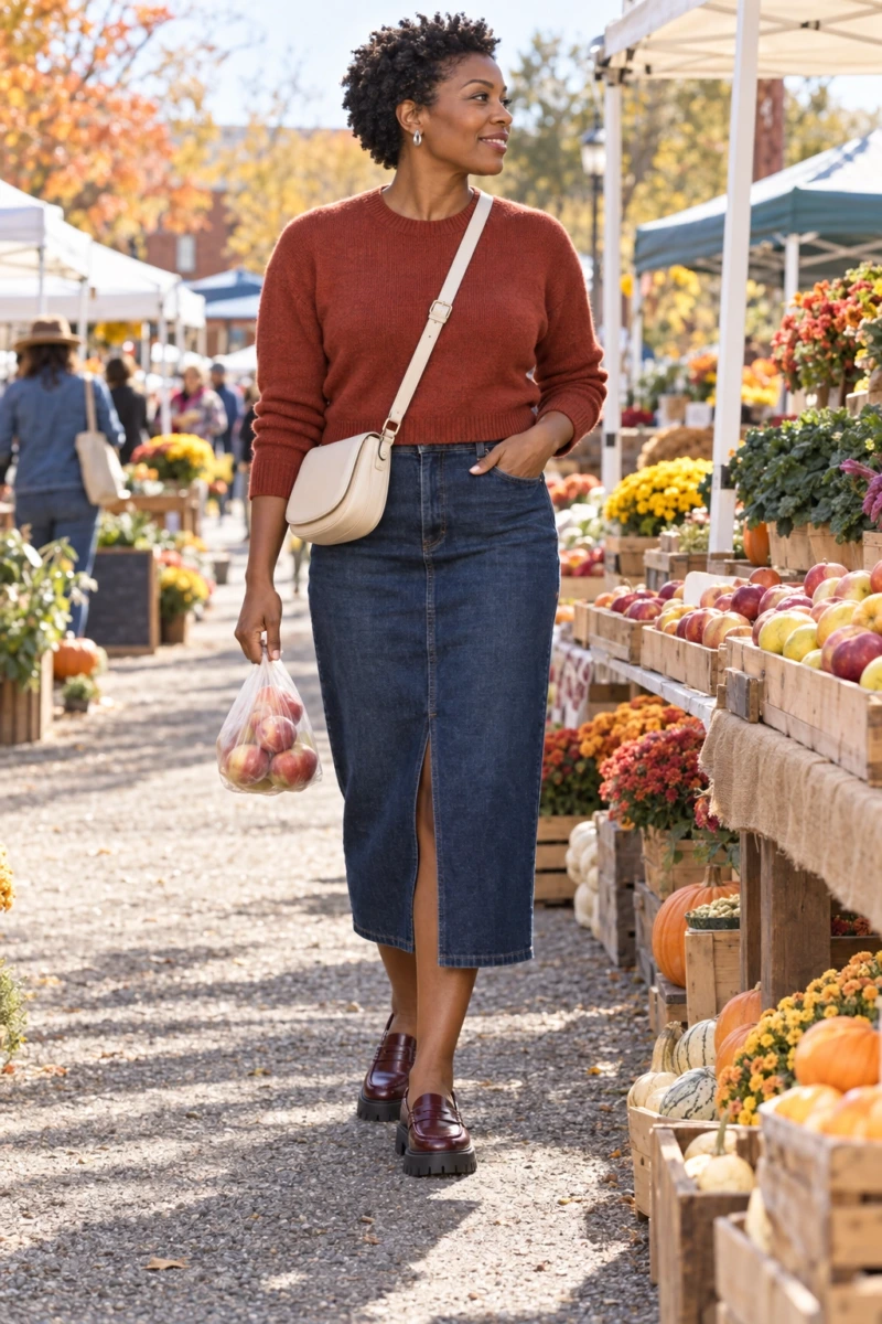 Denim Midi Skirt, Cropped Sweater, and Loafers
