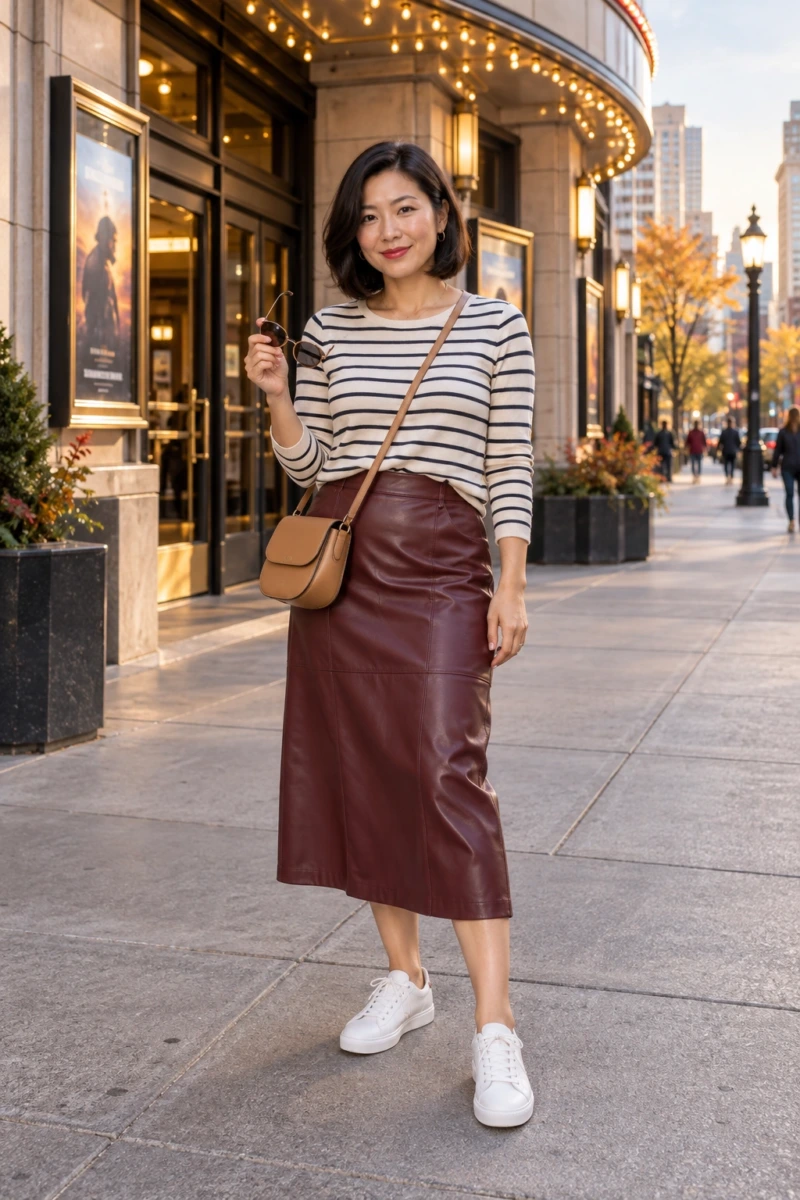 Faux Leather Midi Skirt and a Striped Long Sleeve
