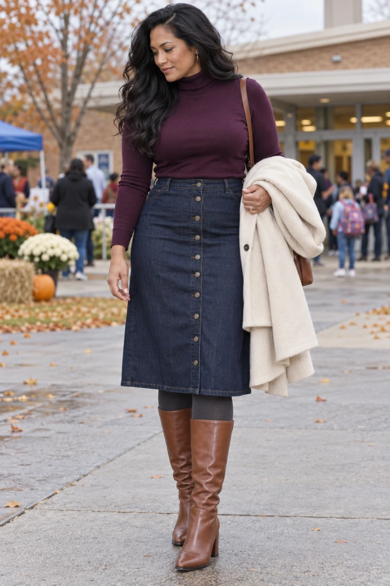 Button Front Denim Skirt With a Turtleneck Tucked In