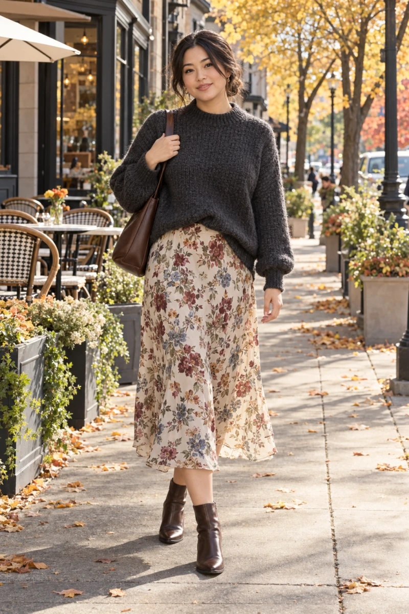 Floral Midi Skirt With a Chunky Gray Sweater Pulled Over It