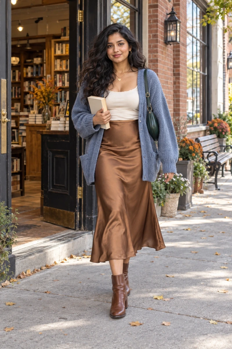 Satin Slip Skirt, Oversized Cardigan, and Ankle Boots