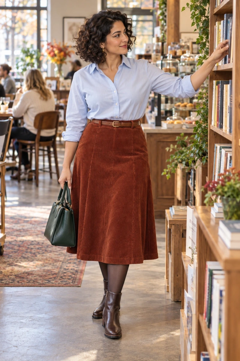 Corduroy A Line Skirt and a Tucked Button Down
