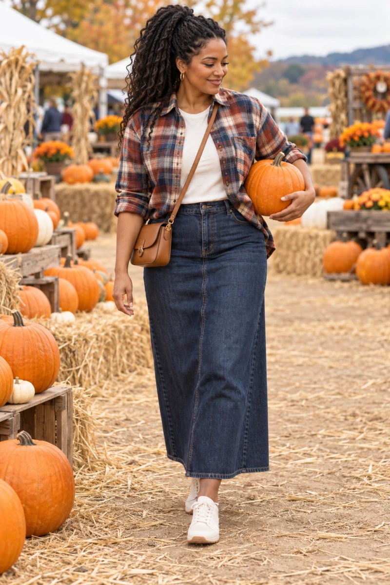Long Denim Skirt, Flannel Shirt, and Sneakers