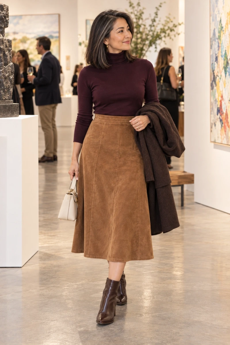 Suede Midi Skirt and a Fine Gauge Turtleneck