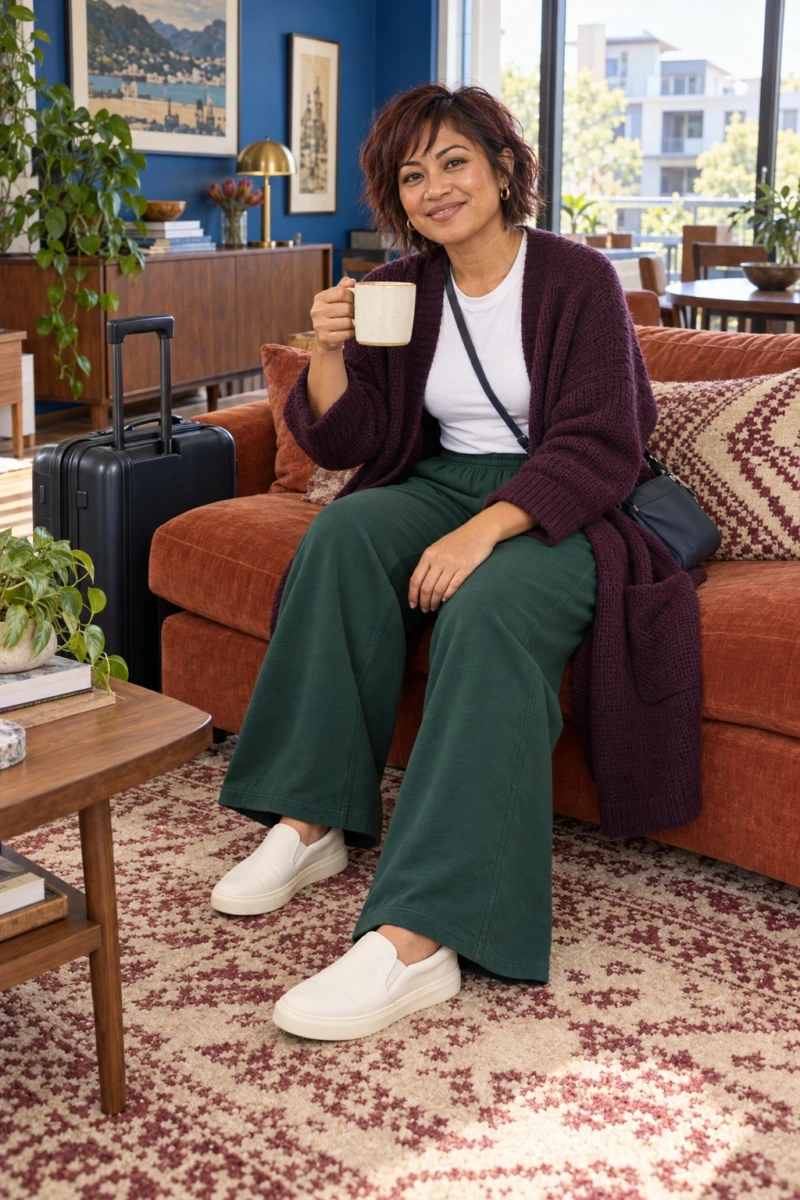 Wide-Leg Joggers, Fitted Tee, and Long Cardigan