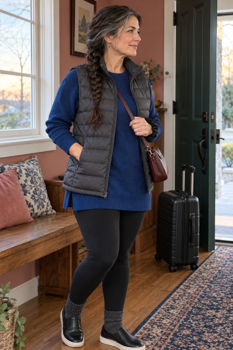 Black Leggings, Longline Tunic Sweater, and Puffer Vest