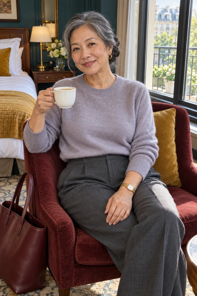 Cashmere Crewneck, Pull-On Trousers, and Loafers