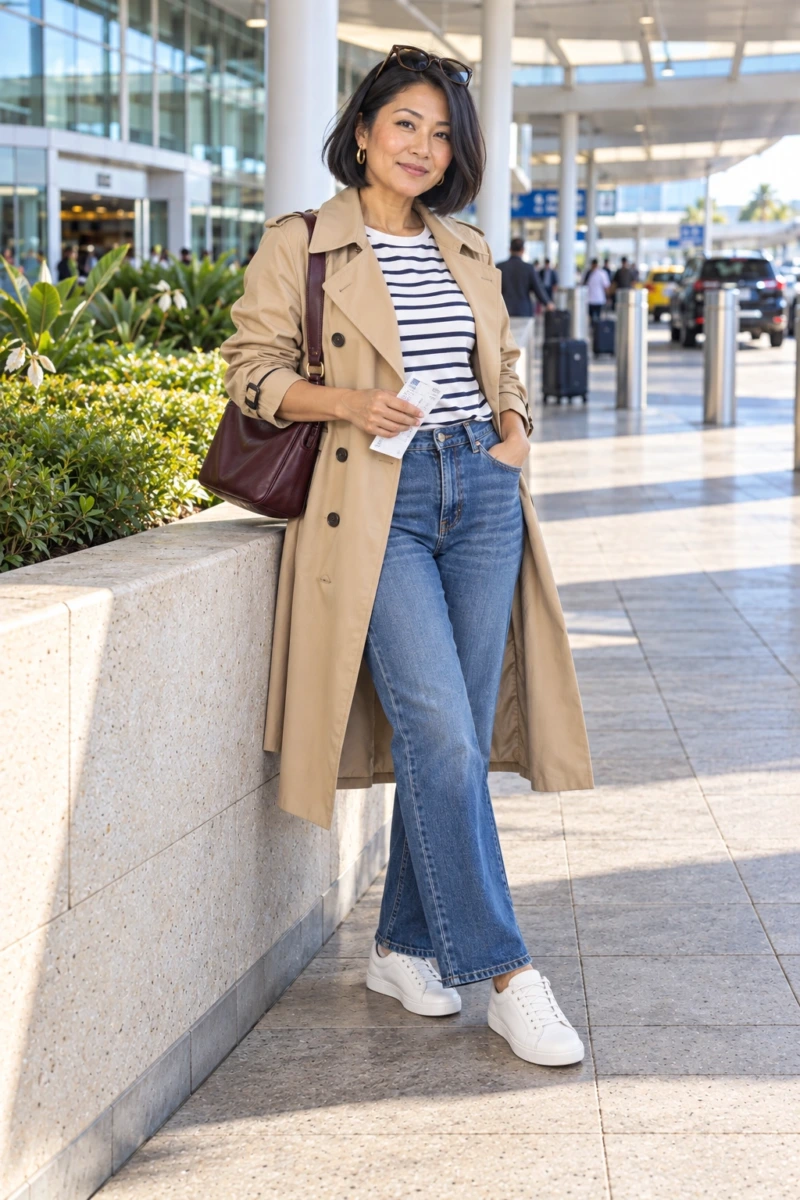 Stretch Straight-Leg Jeans, Striped Tee, and Trench Coat