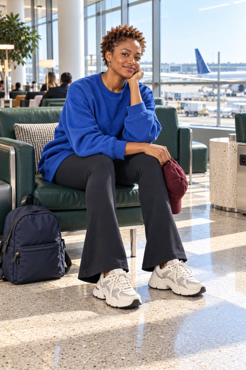 Oversized Crewneck Sweatshirt, Flare Leggings, and Chunky Sneakers