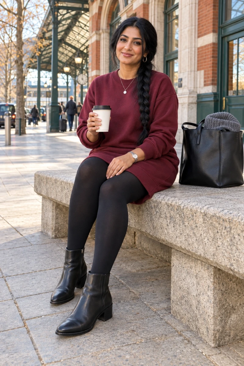 Sweatshirt Dress, Opaque Tights, and Ankle Boots