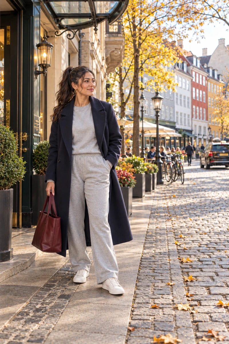 Matching Sweatsuit Under a Long Wool Coat