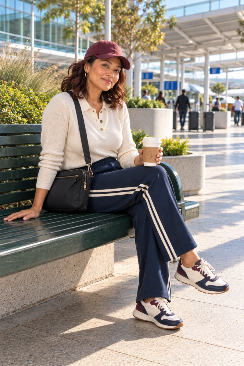 Track Pants, Polo Sweater, and Retro Sneakers