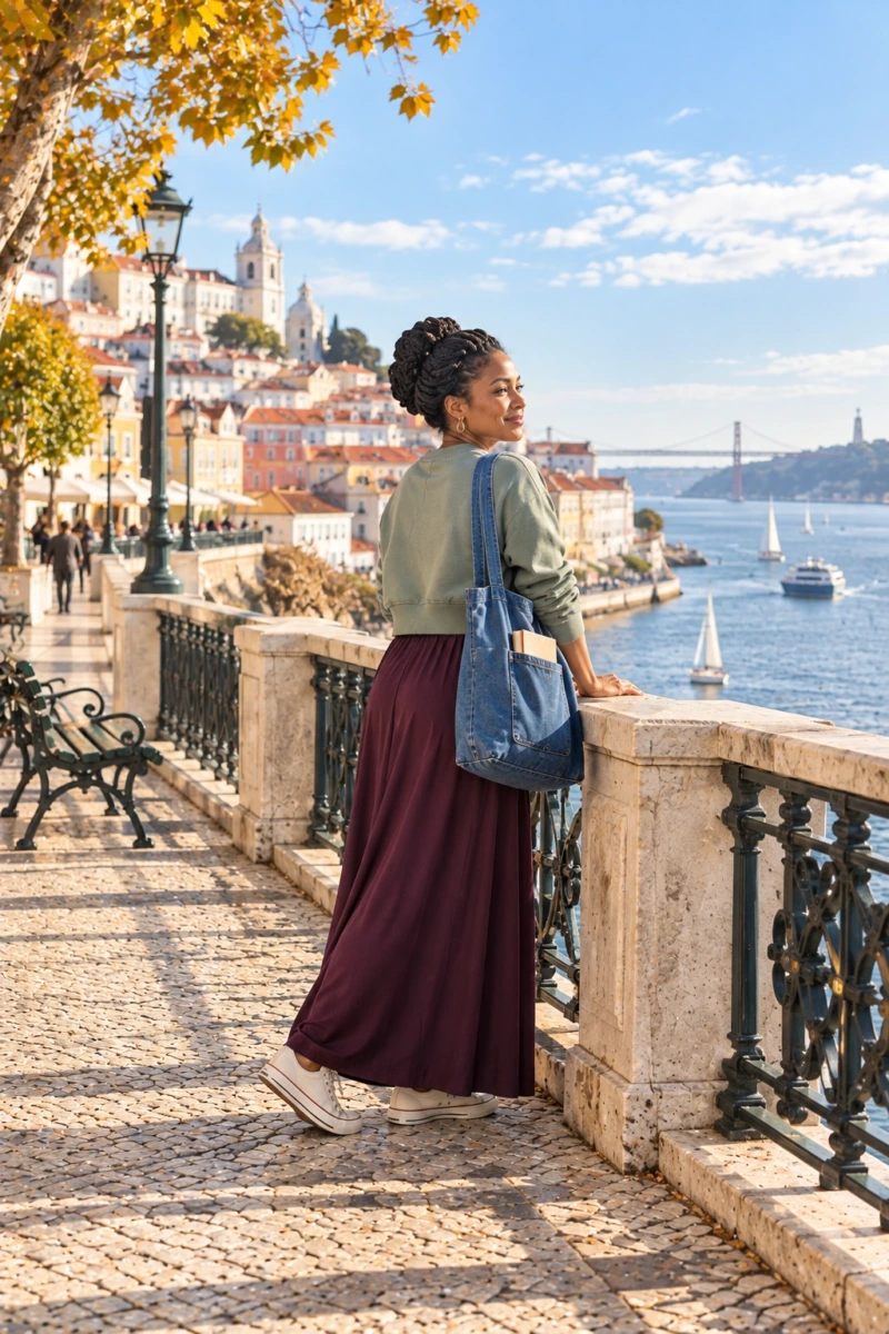 Jersey Maxi Skirt, Cropped Sweatshirt, and Canvas Sneakers