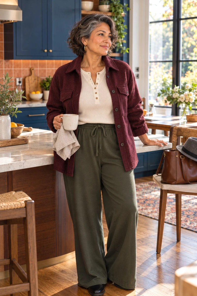 Drawstring Wide-Leg Pants, Waffle Henley, and Shacket