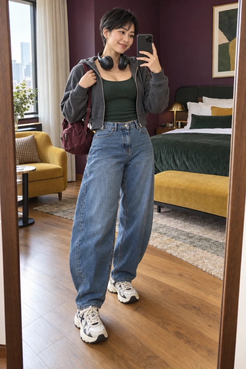 Cropped Zip-Up Hoodie, Ribbed Tank, and Barrel Jeans