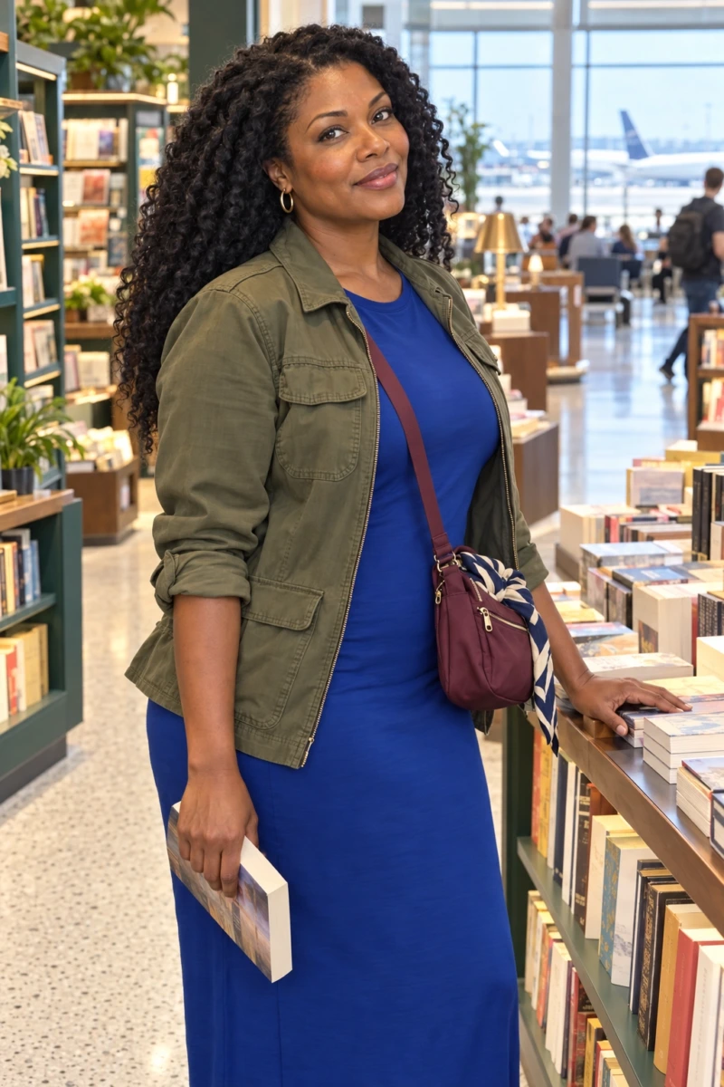 T-Shirt Maxi Dress, Utility Jacket, and Sneakers