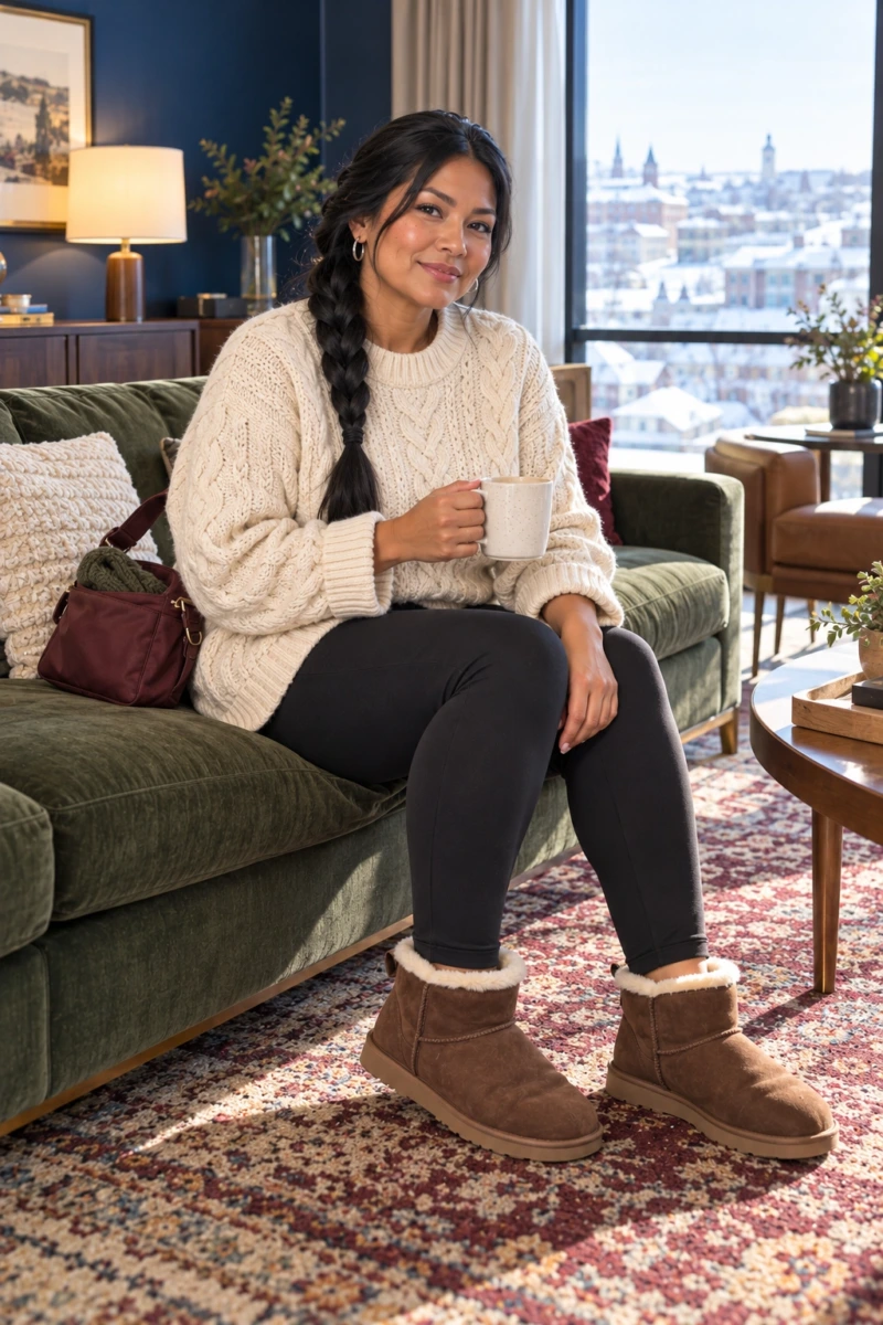 Chunky Cable Knit, Fleece-Lined Leggings, and Shearling Mini Boots