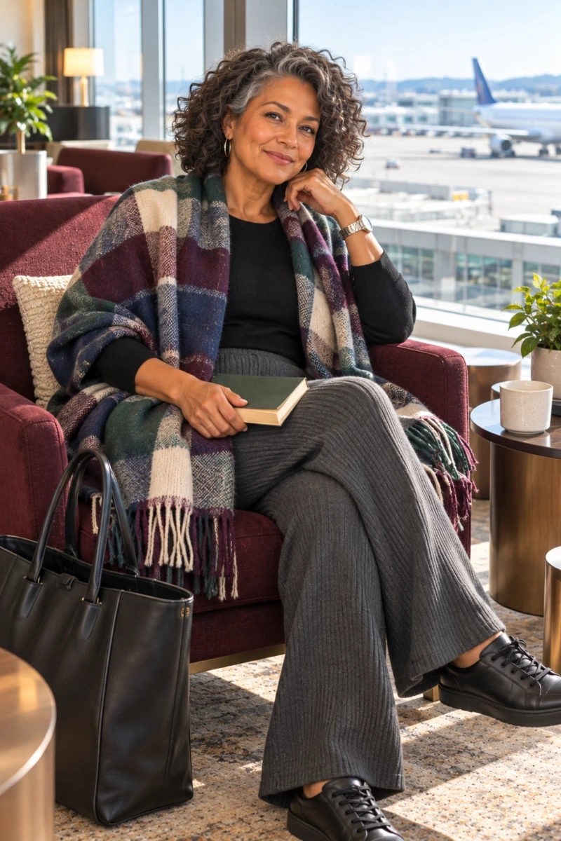 Blanket Scarf, Black Long Sleeve, and Wide-Leg Knit Pants