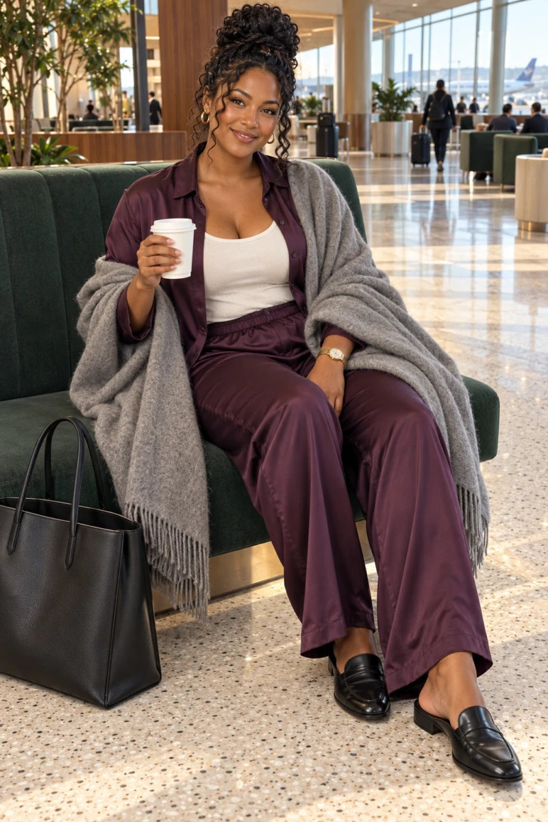 Silky Pajama-Style Set and Cashmere Travel Wrap