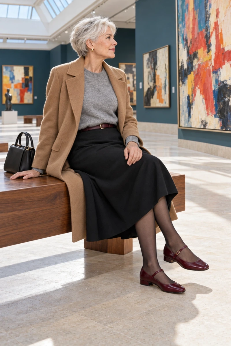 Burgundy Mary Janes, Gray Sweater, and Black Midi Skirt