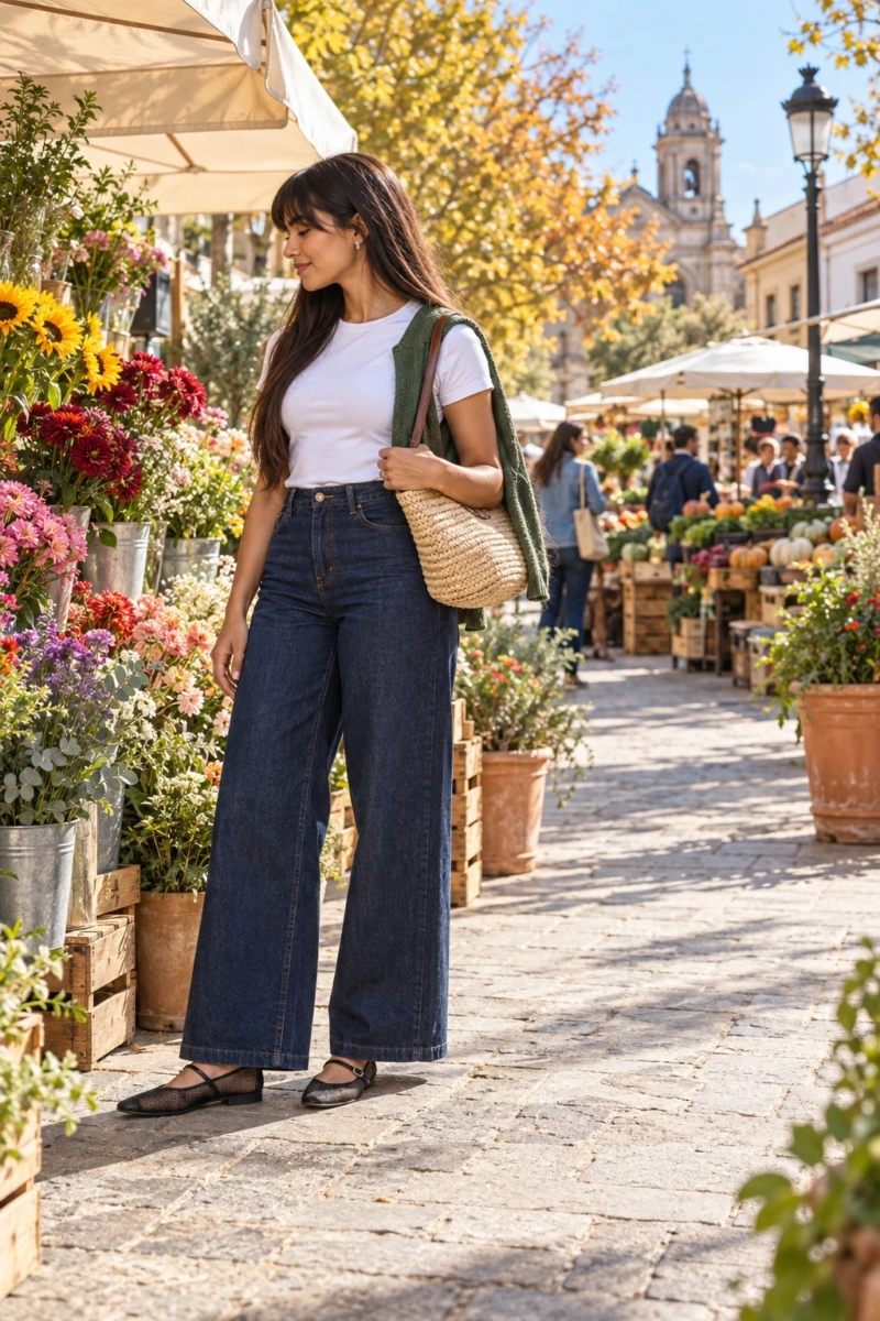 Mesh Mary Jane Flats, Wide Leg Jeans, and Fitted Tee