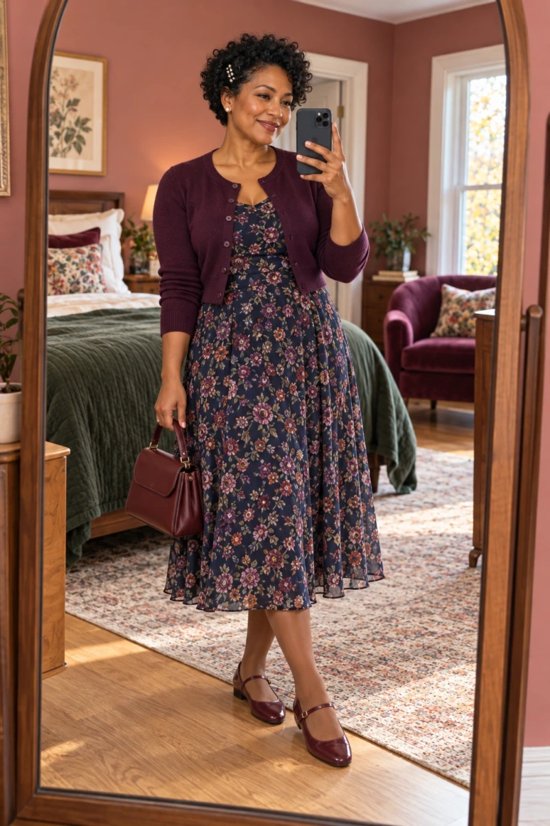Ballet Mary Janes, Floral Midi Dress, and Cropped Cardigan