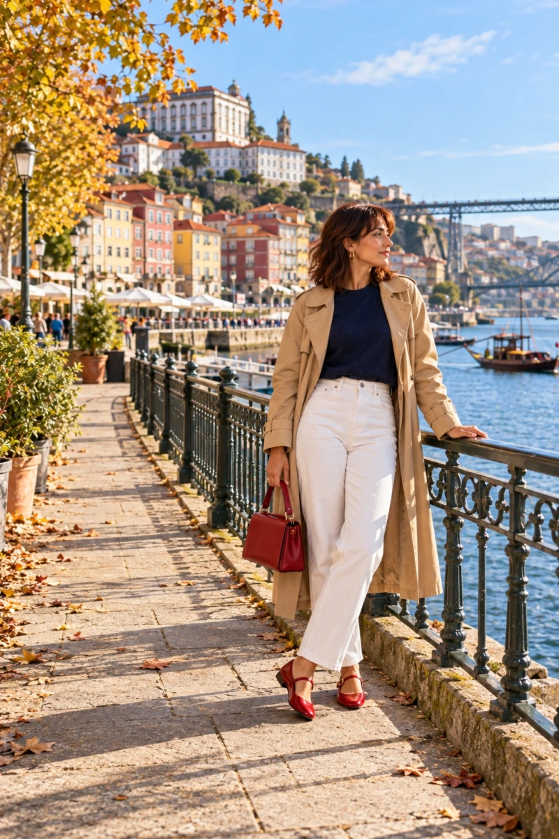Red Mary Janes, Navy Sweater, and White Jeans