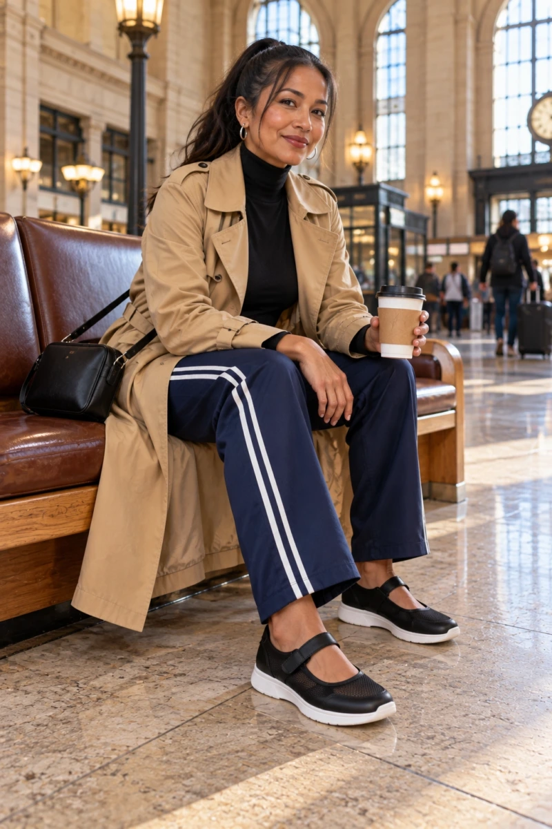 Mary Jane Sneakers, Track Pants, and Trench Coat