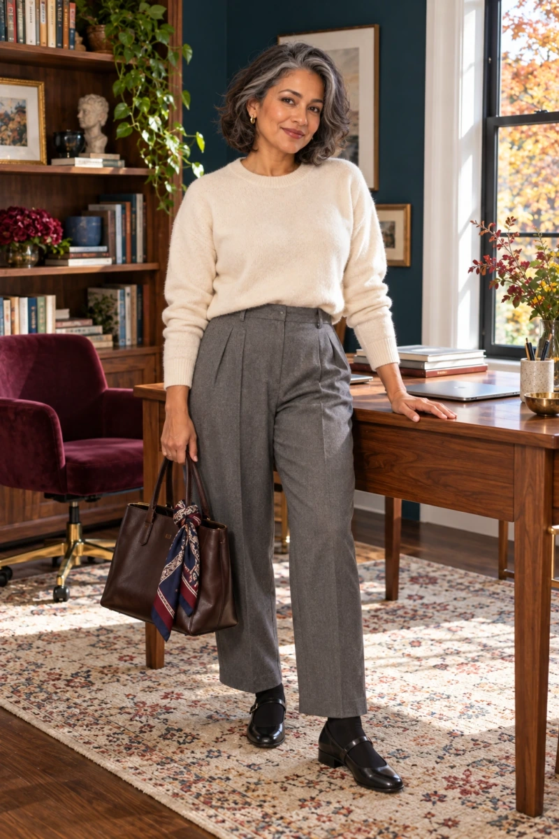 Black Mary Janes, Pleated Trousers, and Cashmere Crewneck