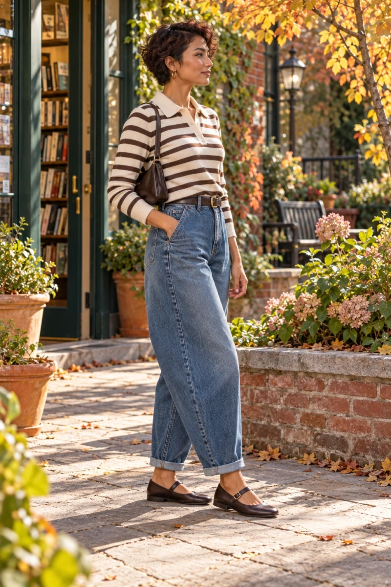 Chocolate Mary Janes, Barrel Jeans, and Striped Knit Polo