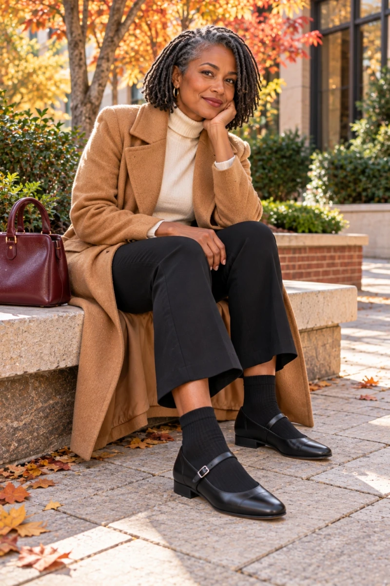 Black Mary Janes, Cropped Flares, and Camel Coat