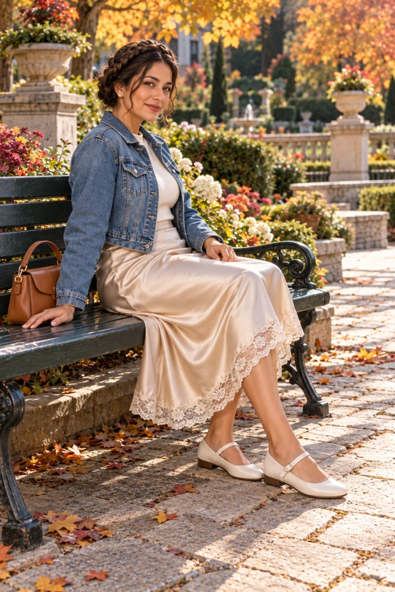 Ivory Mary Janes, Lace Trim Slip Skirt, and Denim Jacket
