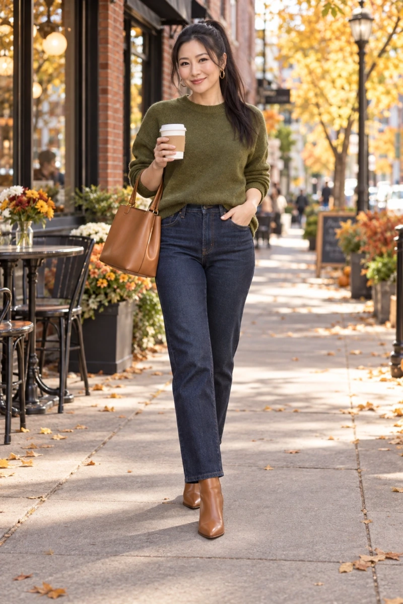 Olive Sweater With Dark Denim