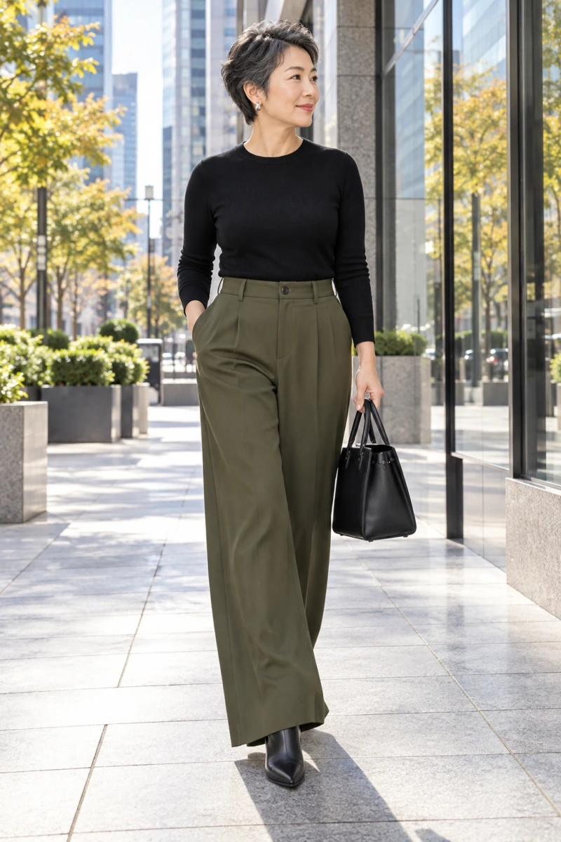 Olive Wide Leg Trousers With a Black Knit
