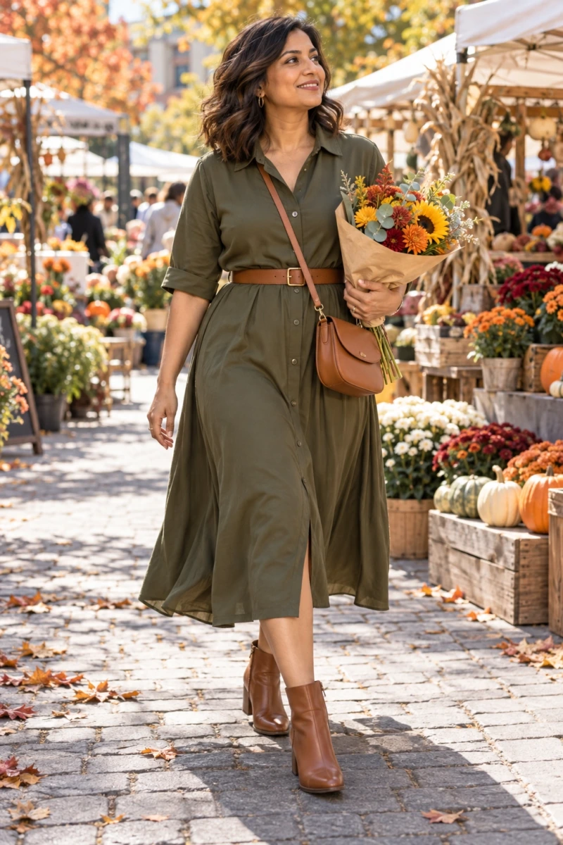 Olive Shirt Dress With a Brown Belt