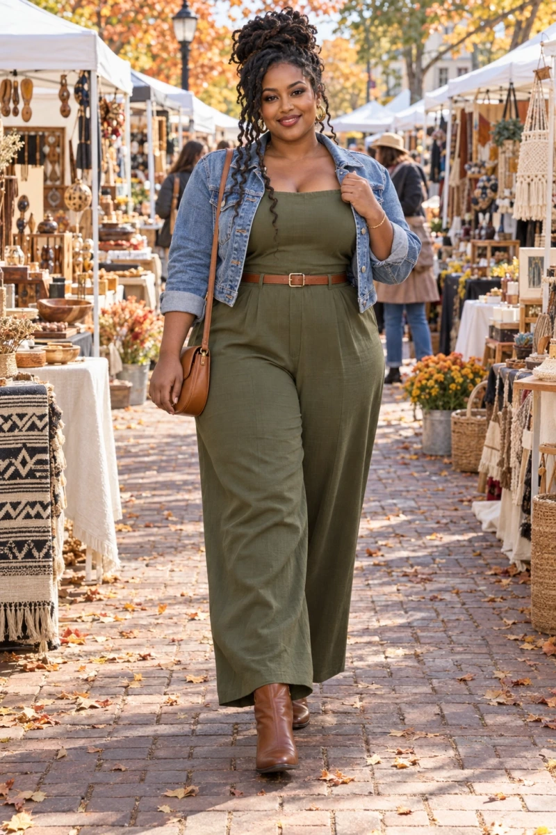 Olive Jumpsuit With a Denim Jacket
