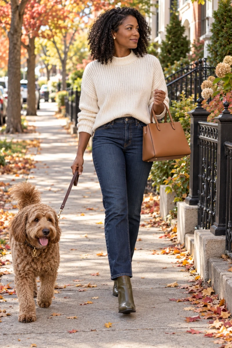 Olive Boots With Dark Denim and a Cream Knit