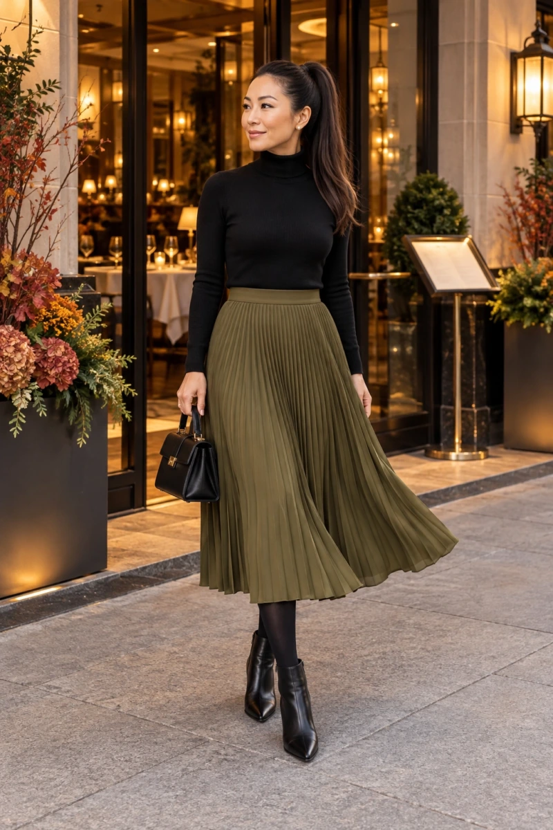Olive Pleated Skirt With a Black Turtleneck