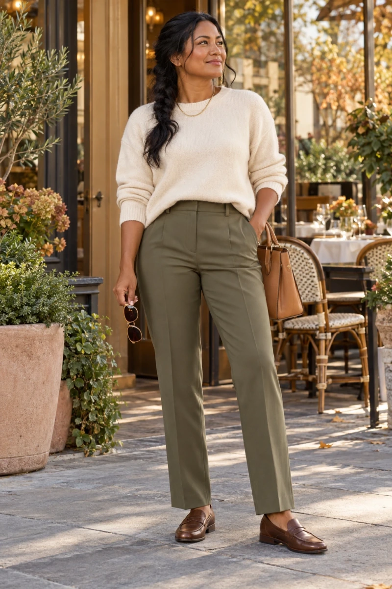 Olive Trousers With a Cream Knit