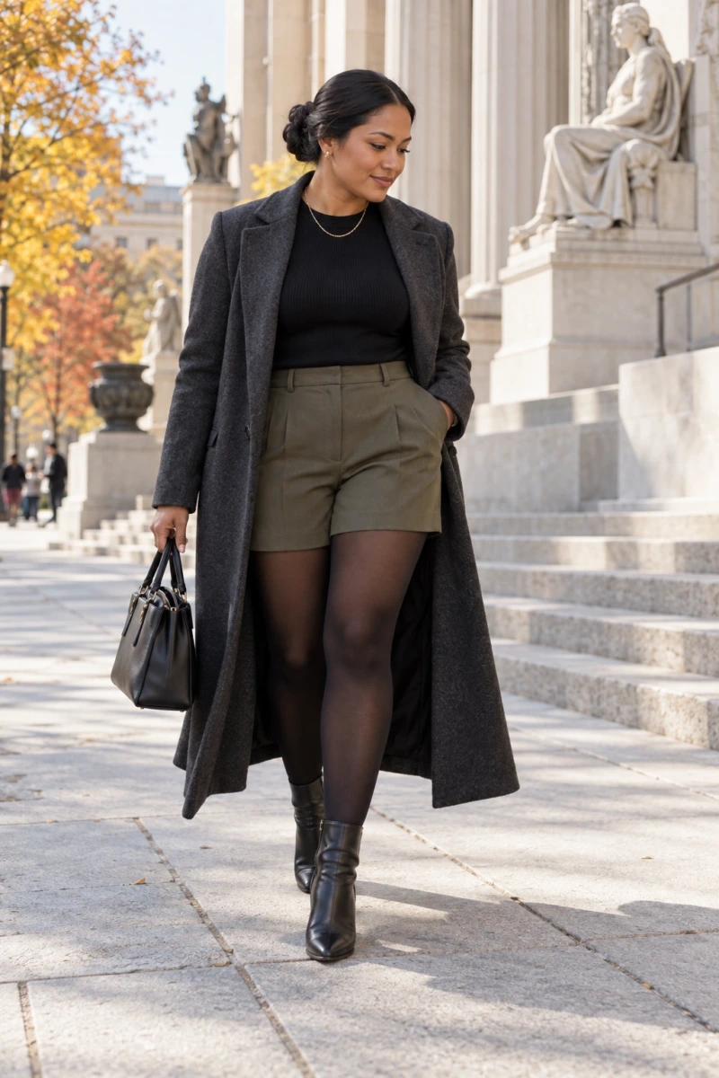 Olive Shorts With Tights and a Long Coat