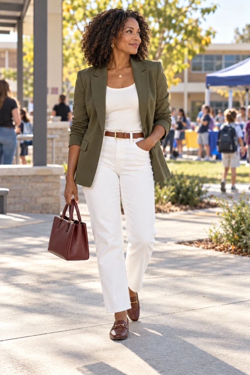 Olive Blazer With White Jeans