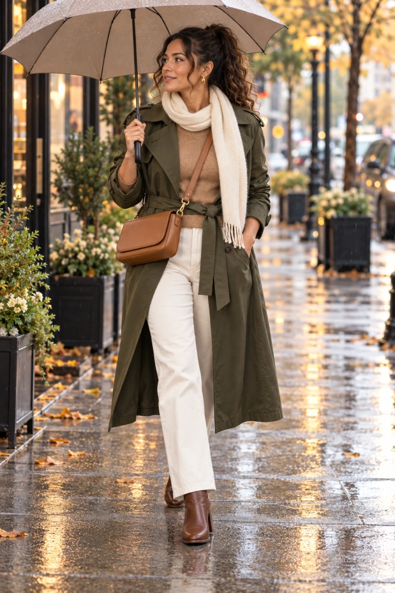 Olive Trench Over Cream and Tan