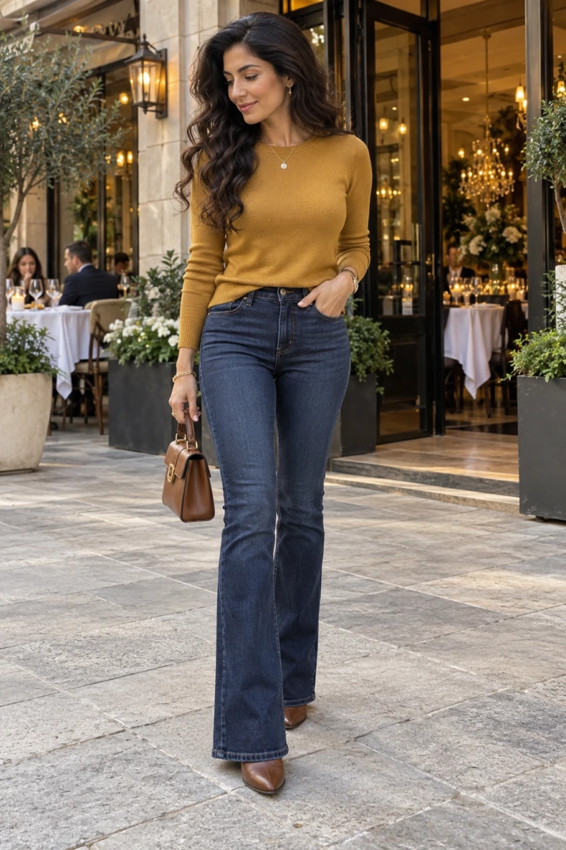 Slim Flare Jeans With a Fitted Knit