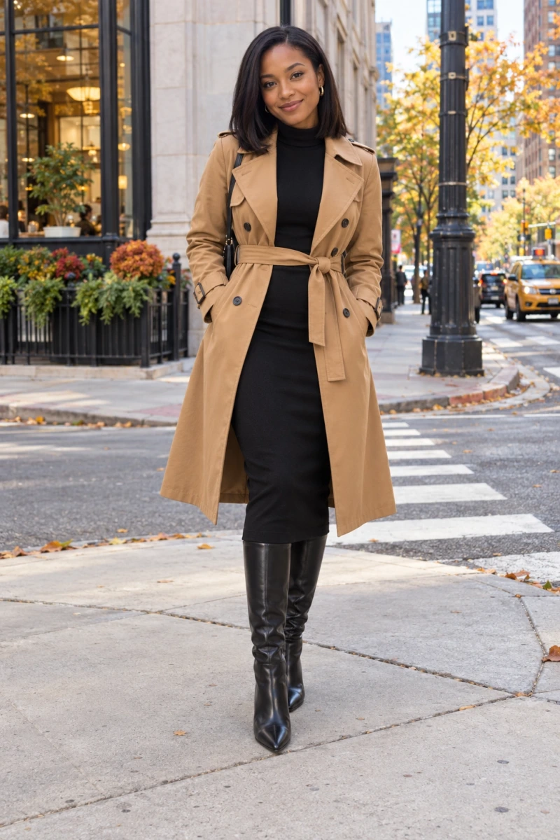Fitted Trench With a Midi Skirt and Boots