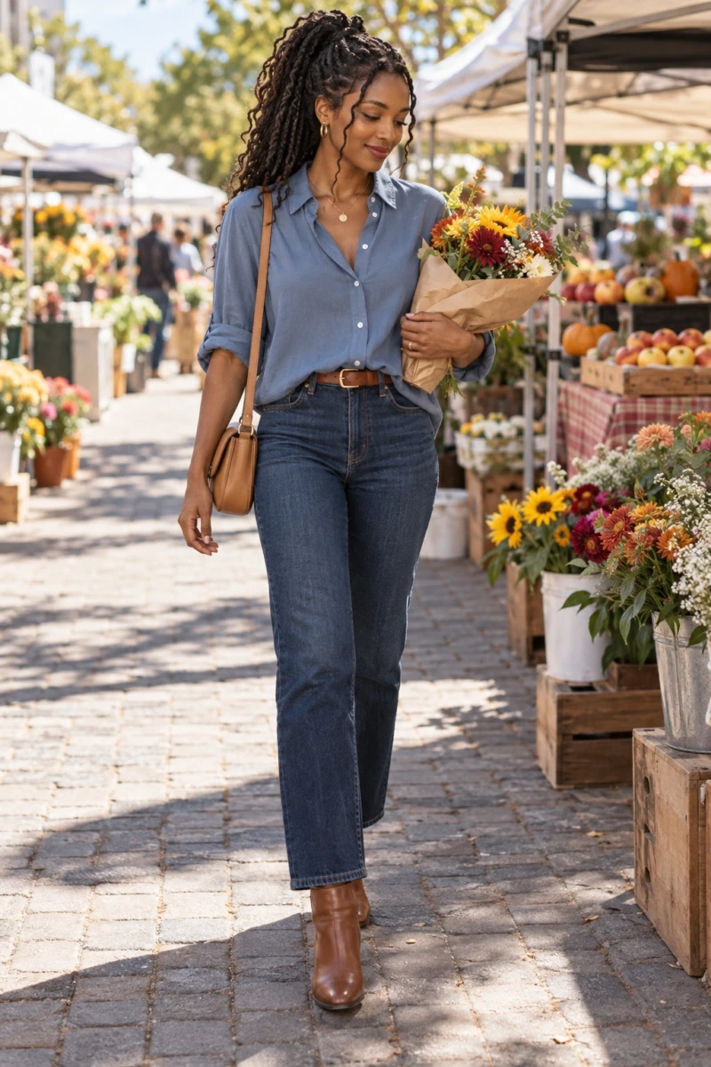 Half Tucked Button Down With High Rise Jeans
