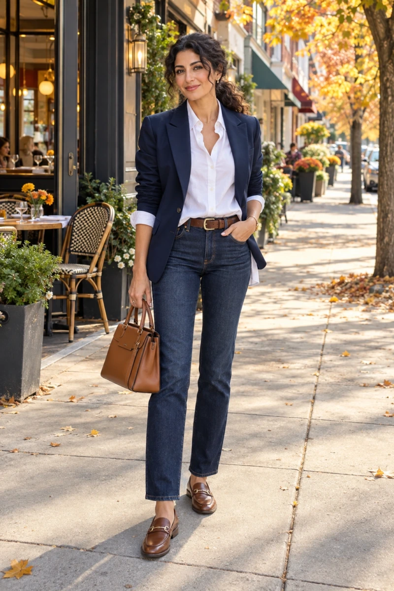 Navy Blazer, White Button Down, and Dark Jeans