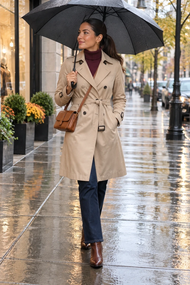 Trench Coat, Ribbed Turtleneck, and Dark Denim