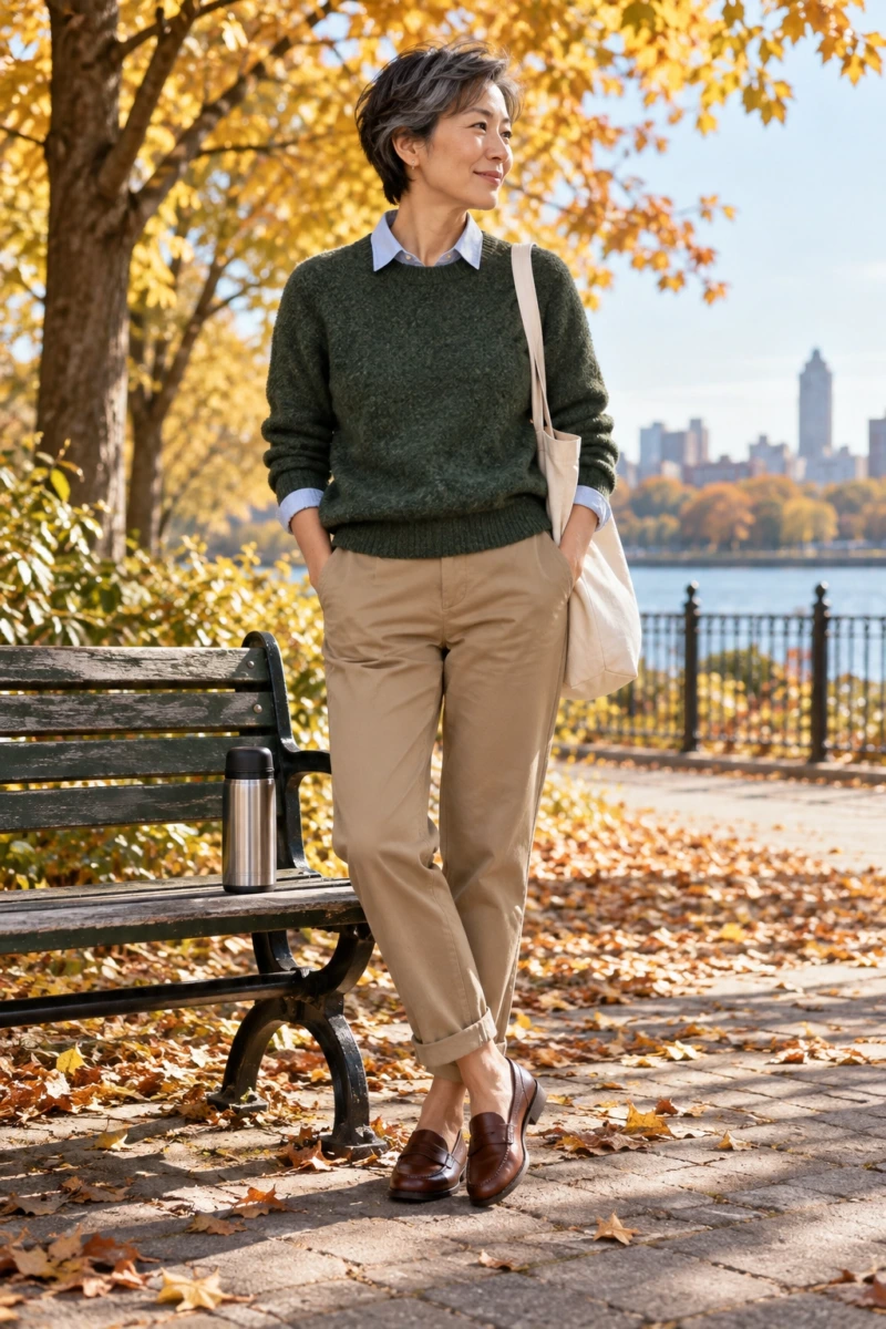 Shetland Crewneck, Khakis, and Loafers