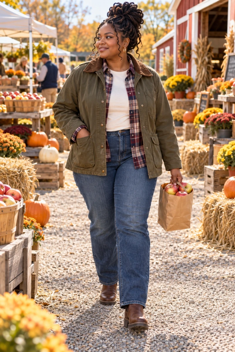 Barn Jacket Over a Flannel Shirt and Jeans