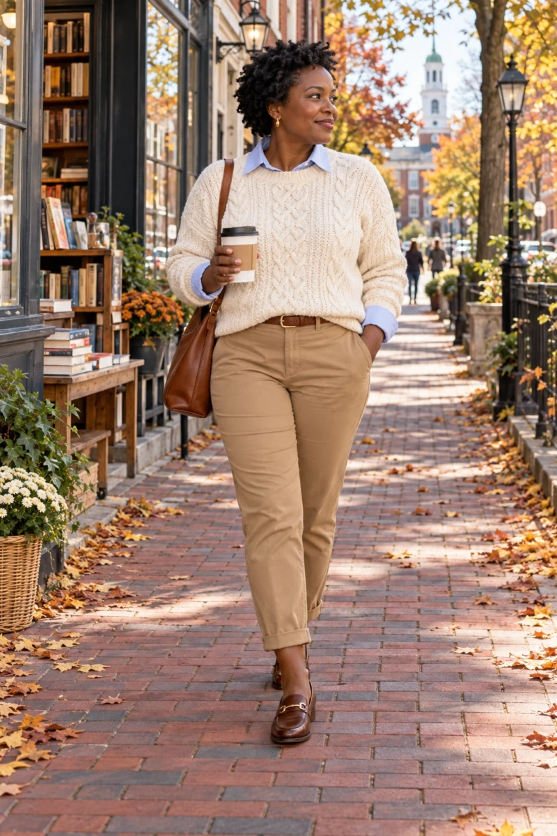 Cable Knit Sweater Over a Collared Shirt With Chinos